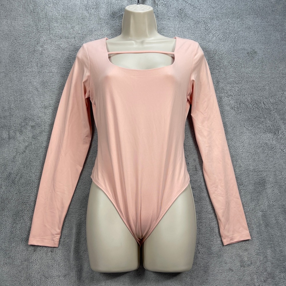 By Egreis Bodysuit Womens Medium Pink Cut Out Square Neck Long Sleeve